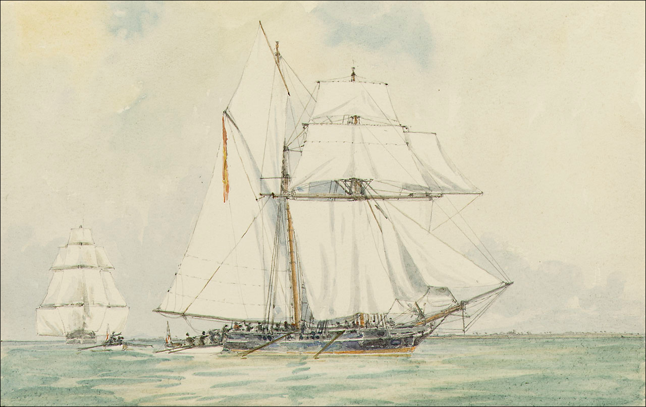 Boarding of the Spanish slave schooner Esperance by midshipman William Mansell commanding the gig of HMS Morgiana December 1817